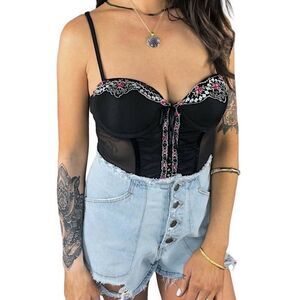 Vintage Y2K Rampage black sheer floral ruched lace up bustier corset top 36B